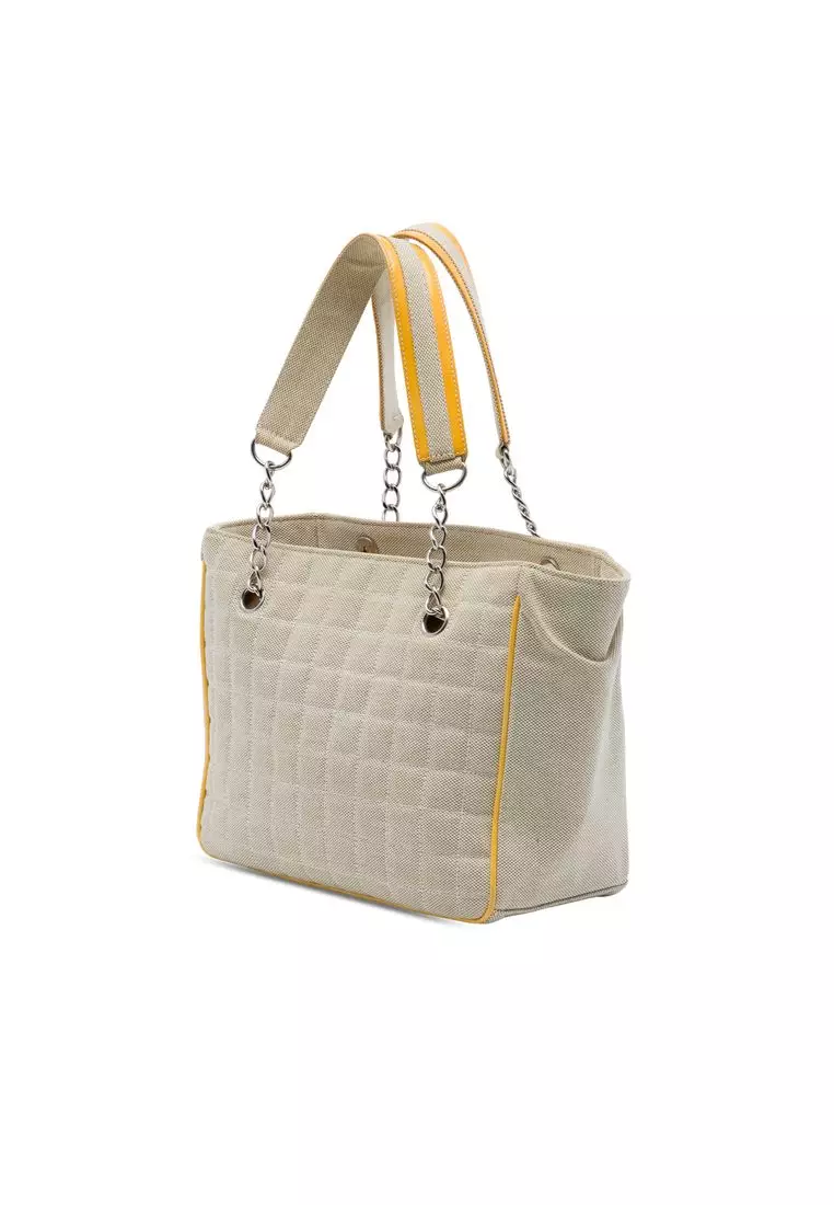 Pre-Loved Chanel Cc Chocolate Bar Canvas Camellia No. 5 Tote