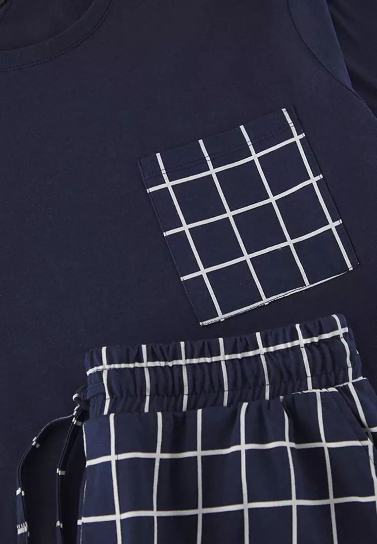 Navy Blue Regular Fit Plaid Knitted Shorts Pajama Set TMNSS25PT00034