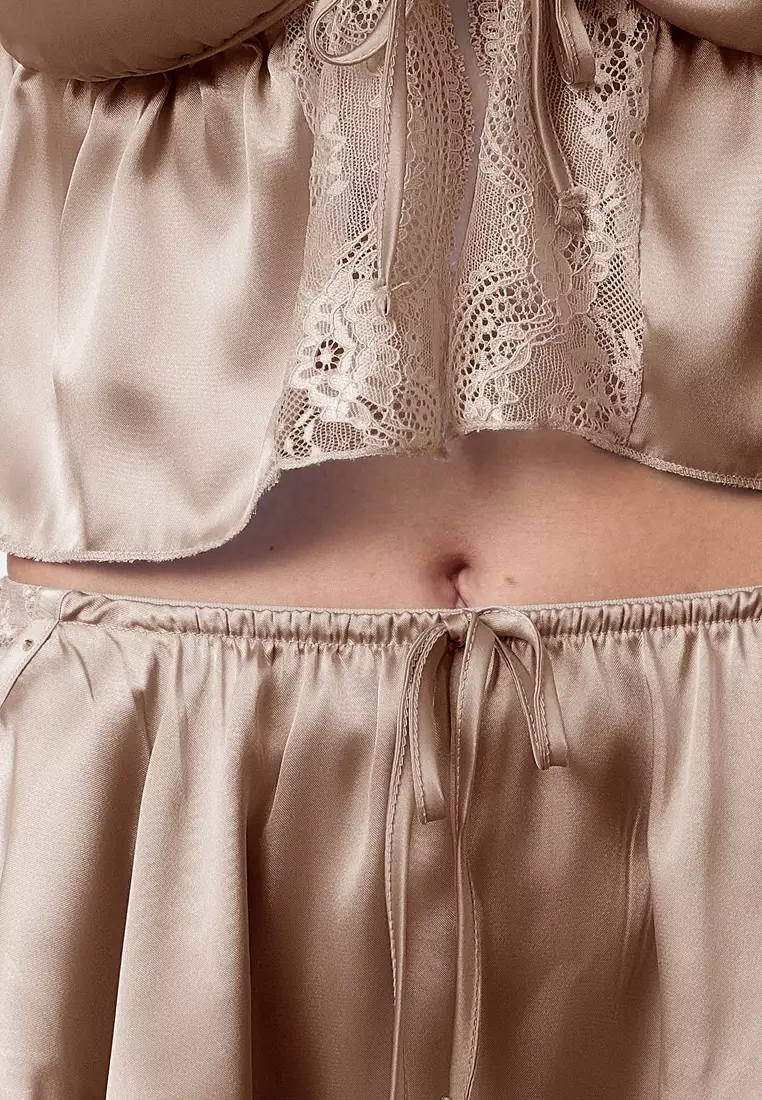 Bronze Satin Stone Ribbon/Bow Detailed Uncovered Lingerie Set