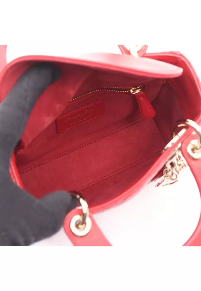 Pre-Loved Christian Dior lady dior mini Canage Handbag heart leather Red 2WAY
