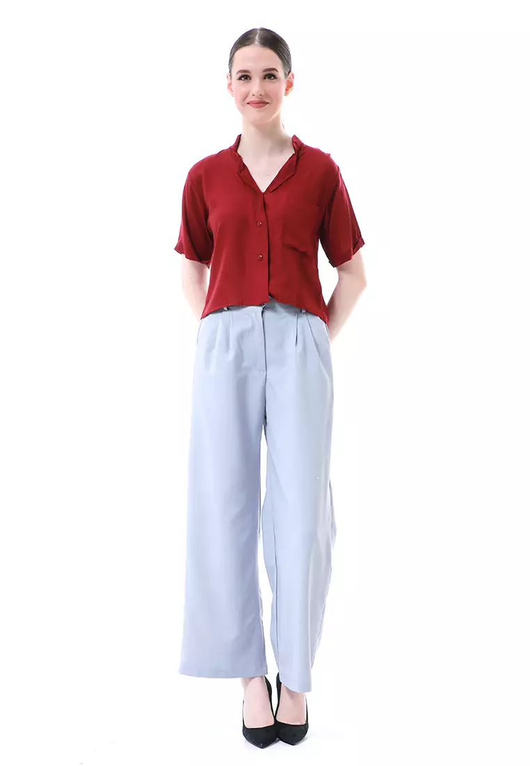 Melinda Kemeja Crop Top Atasan Wanita Motif Polos Relaxed Fit - Maroon