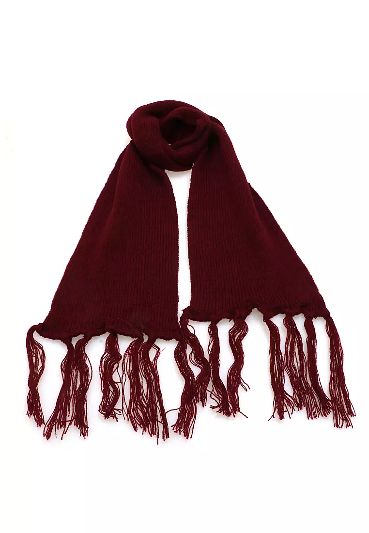 Syal Wanita Motif Polos Aksen Rumbai Shawl Rajut Lembut Fashion Women - Maroon