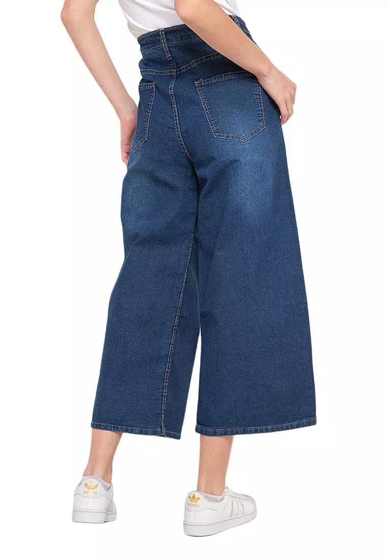 Sara Celana Kulot Jeans Long Pants Motif Solid Bawahan Wanita - Biru Tua