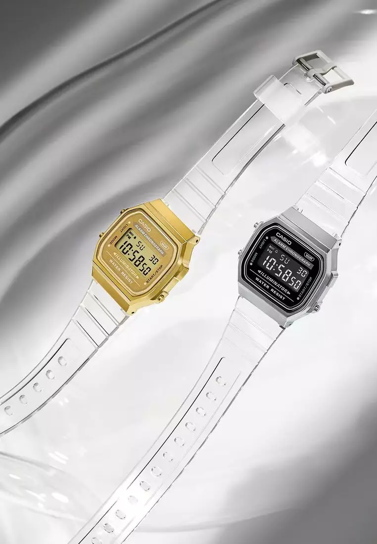 Vintage A168XESG-9A Unisex Gold Dial with White Transparent Resin Band Digital Watch