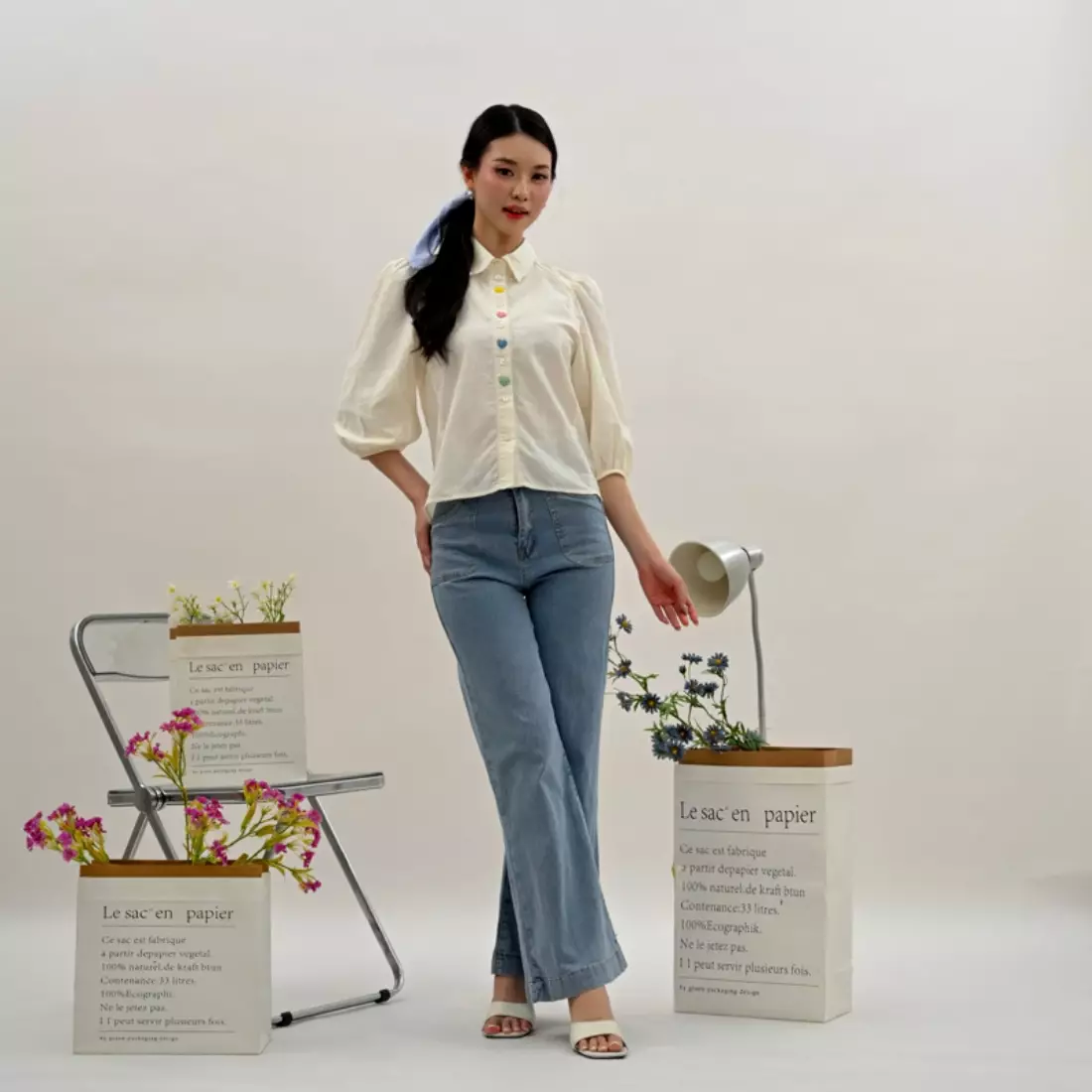 Rainbow Heart Button Puff Sleeve Shirt in White