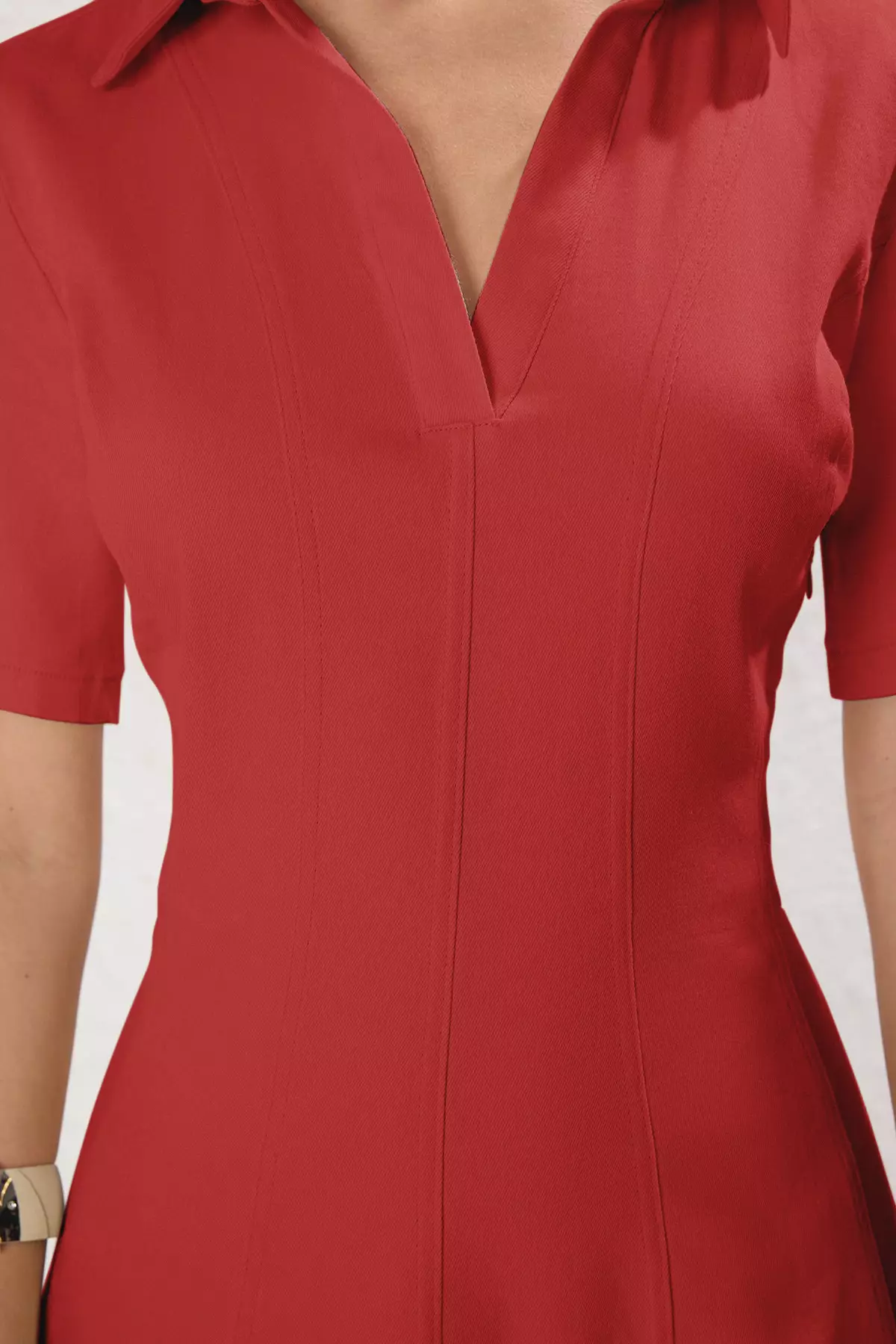 Red Straight Skirt Waist Opening Stitching Detail Mini Dress