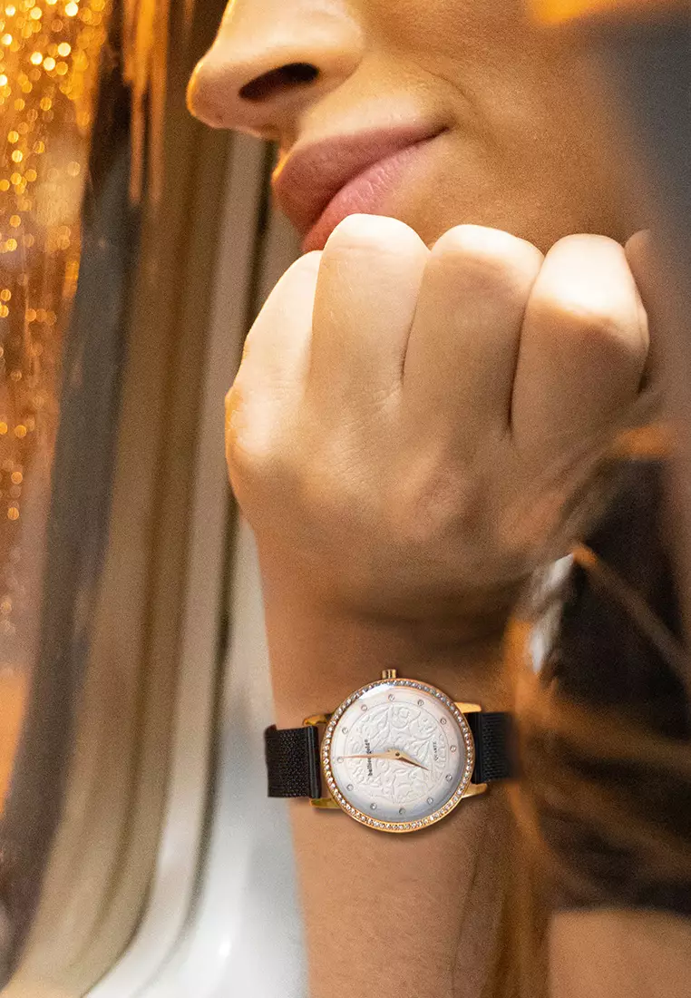 Elite Watch Embellished with Rhinestone - Rose Gold and White