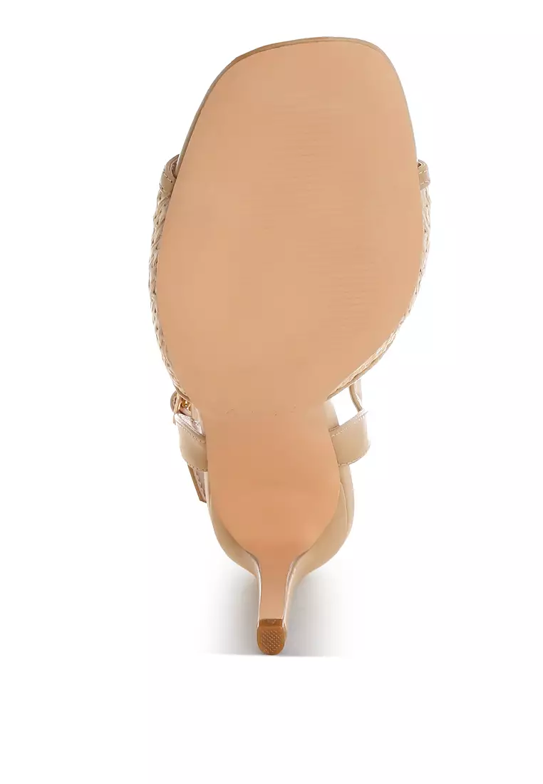 Raffia Square Toe Stiletto Heels In Beige