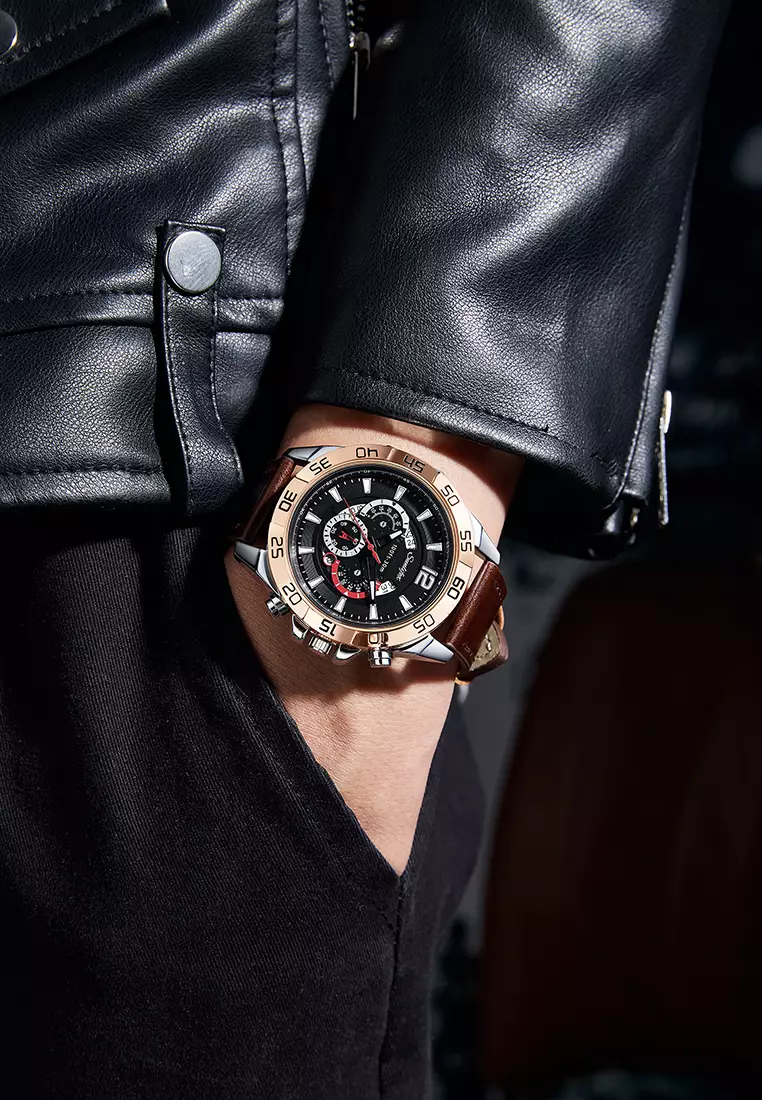 Jam Tangan Pria 9191 Original Kalendar Tali Kulit Anti Air Bercahaya Kuarsa Jam Tangan Cowok brownblack