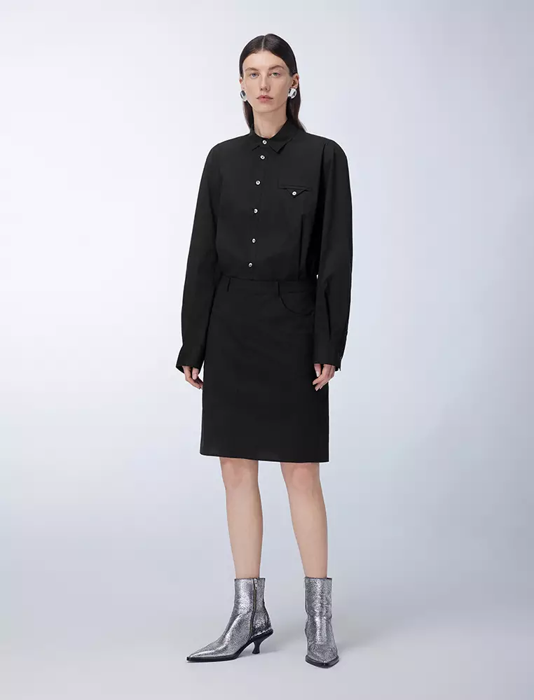 纯色衬衫领长袖连衣裙