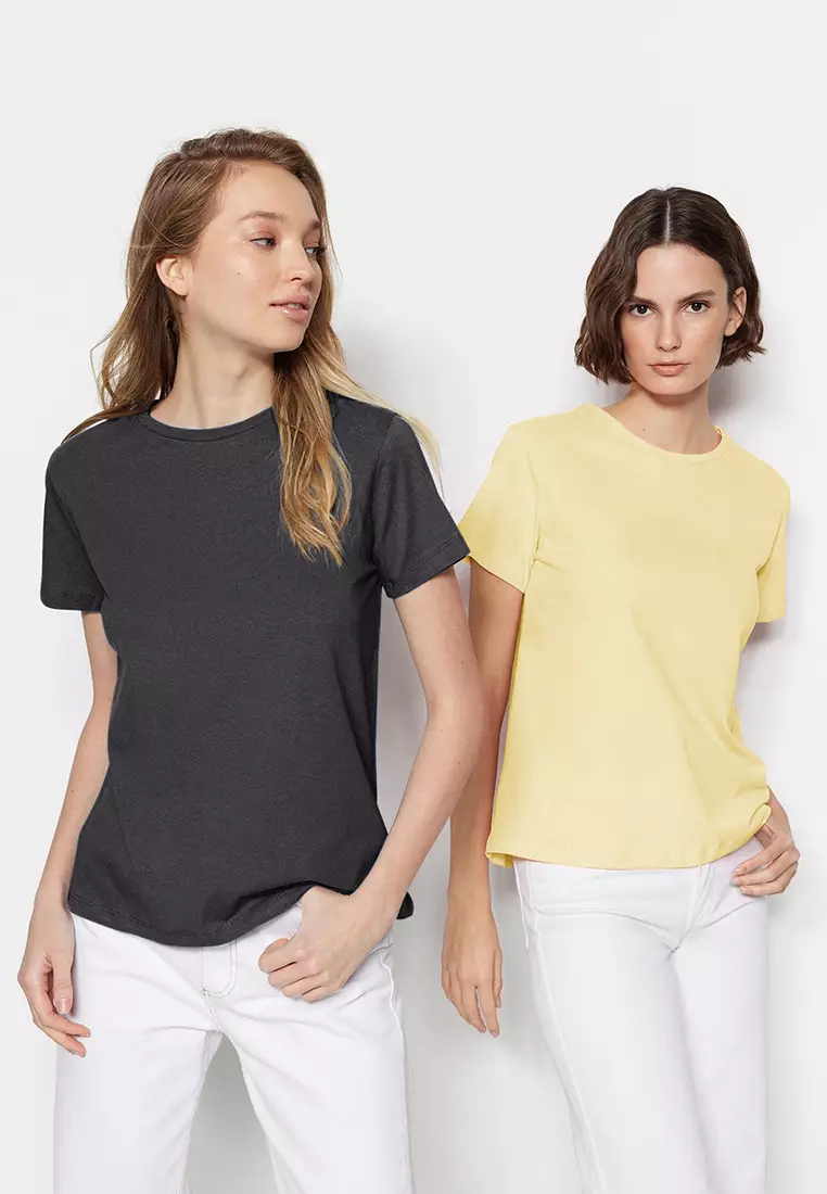Anthracite-Yellow Basic Crew Neck 2-Pack Knitted T-Shirt