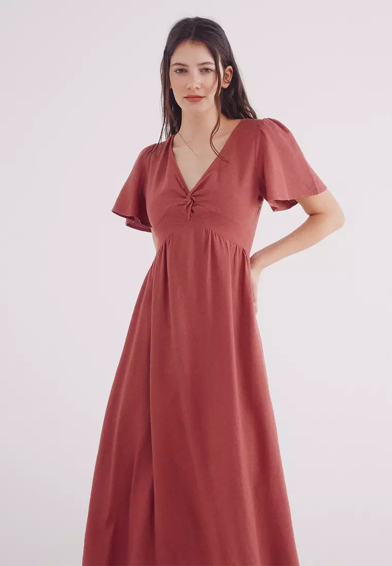 Midi Dress with Gathered Detail in Linen Blend