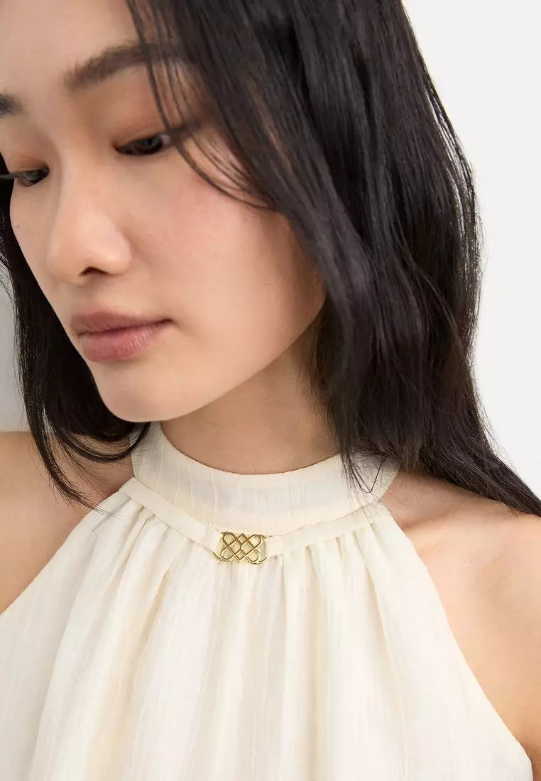 Halter Neck Blouse with Pleated Hem - Ivory