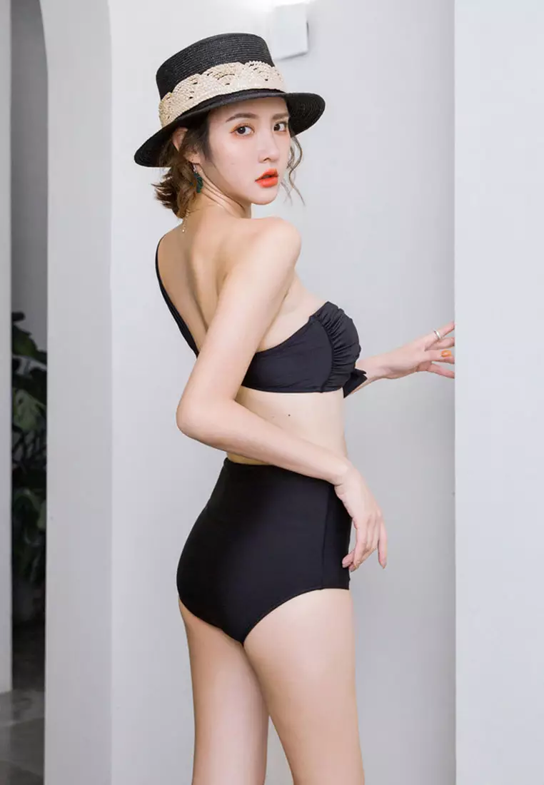 Slant Shoulder Split High Waist Two Piece Swimsuit CA071701BK