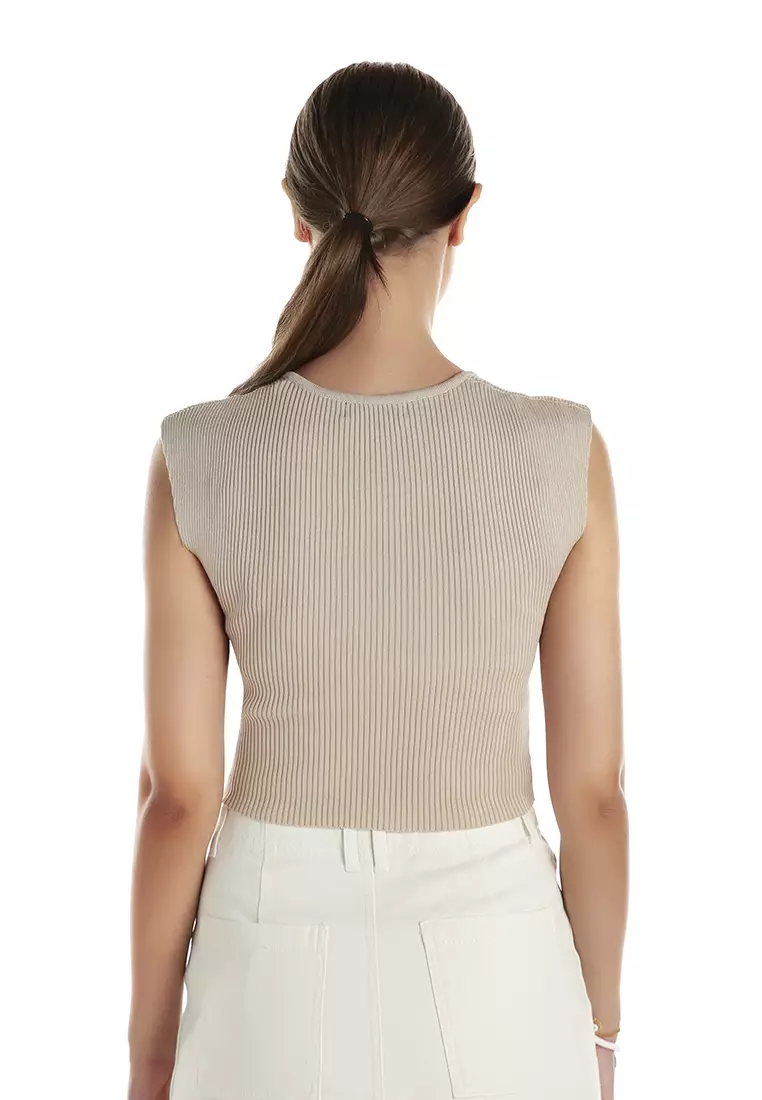 Square Neck Fitted Top In Beige
