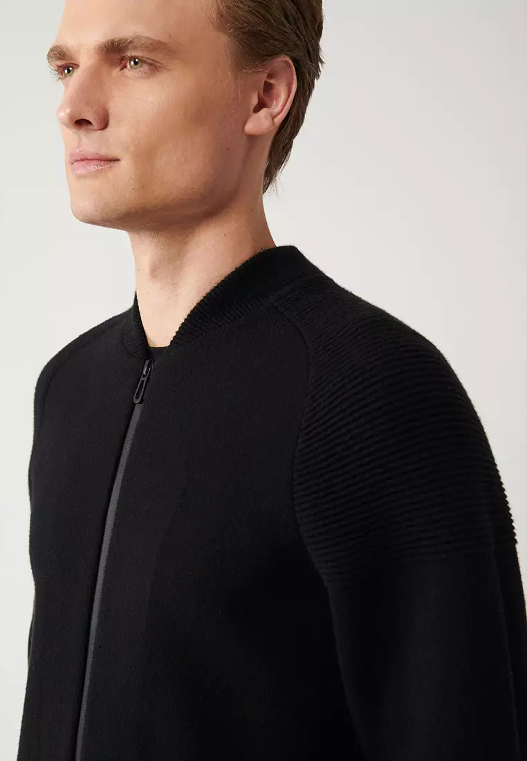 Men's Black Bomber Collar Zip Steel Knitted Knitwear Cardigan A32Y5118
