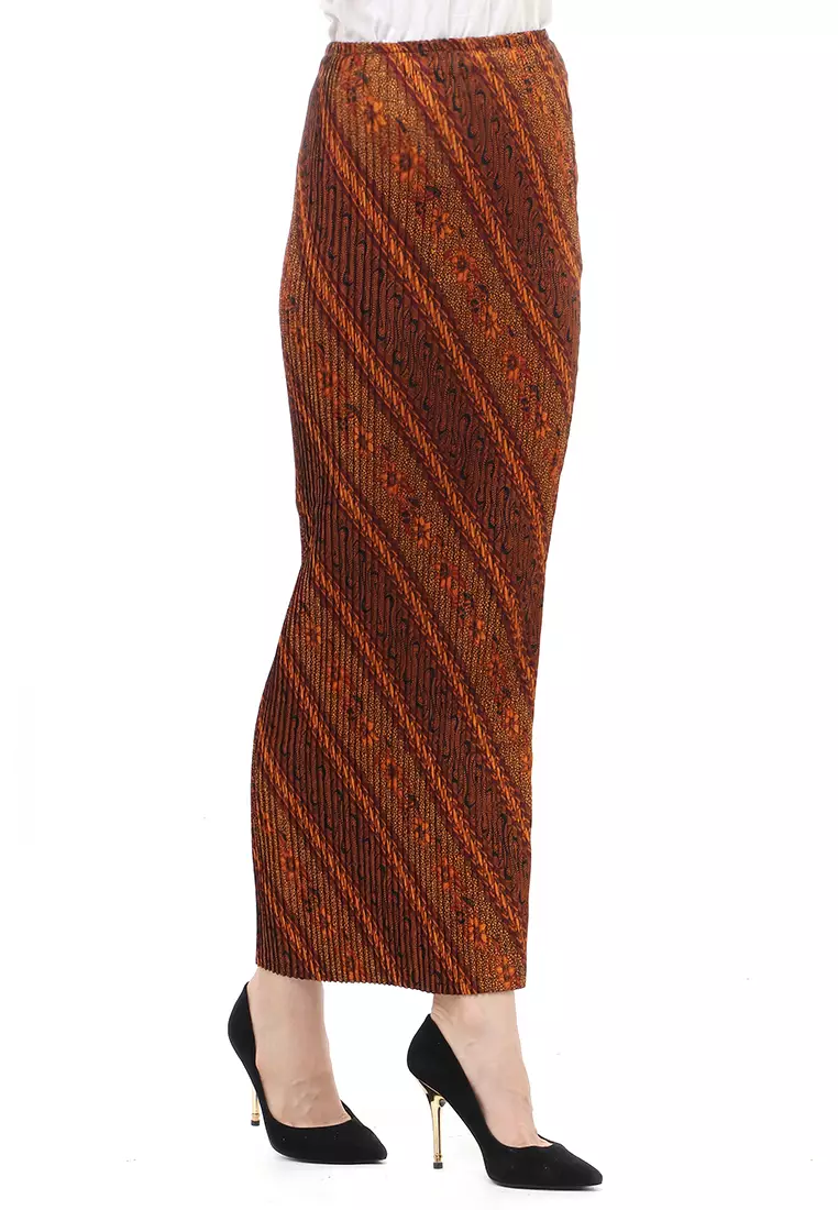 Rok Plisket Motif Batik Bawahan Wanita Design Casual - Parang Coklat Maroon