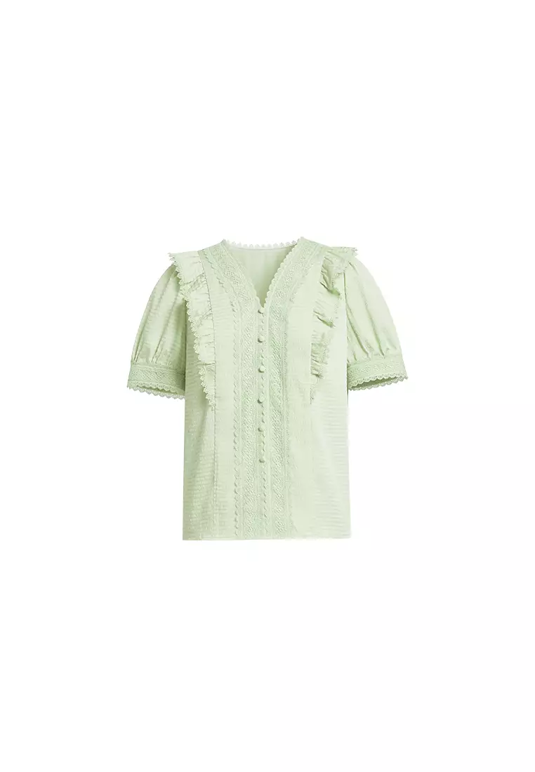 Hopeshow Summer V-Neck Lace Frill Top