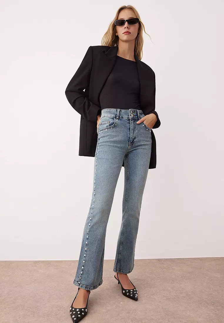 Blue Stone Detailed High Waist Flare Jeans Twoaw26Je00035