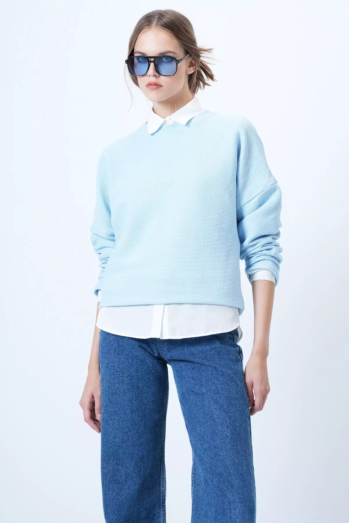 Blue Crew Neck Bat Sleeve Wide Cut Basic Blouse Alc-X14391