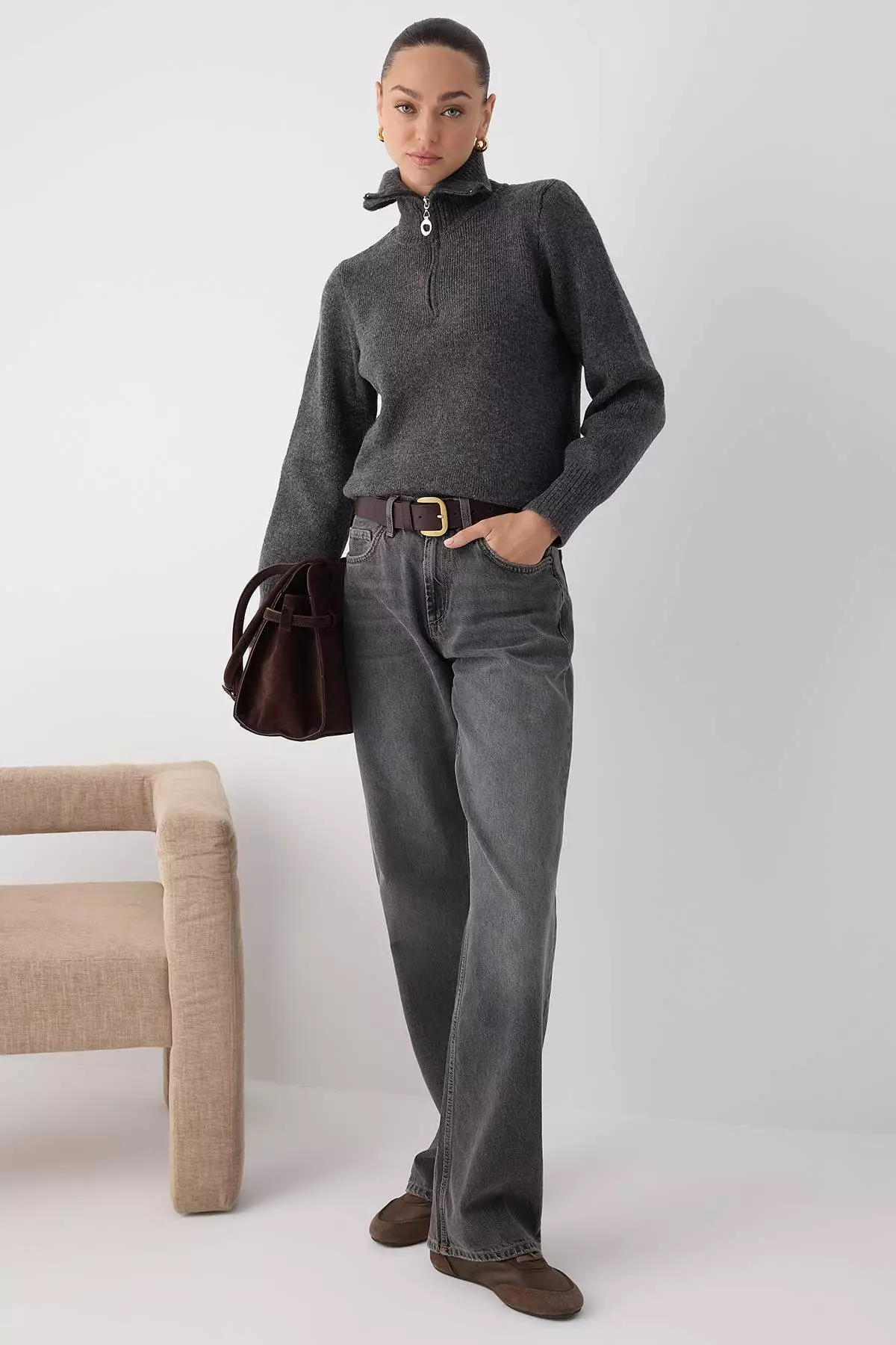 Anthracite Wool Premium Yarn/Special Yarn Zippered Basic Knitwear Sweater