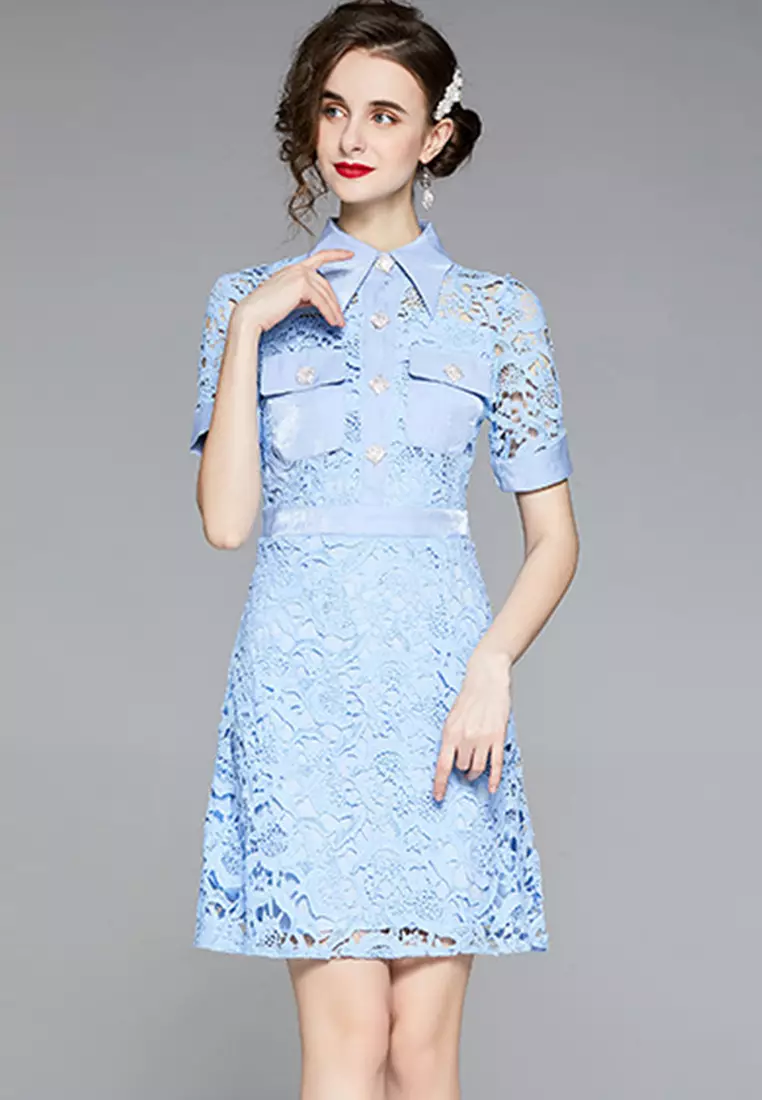 鉤花鏤空水溶蕾絲連身裙 A21032911