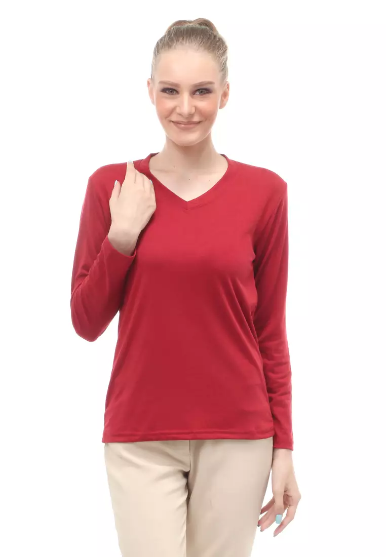 Kaos Polos Atasan Wanita V-Neck Lengan Panjang Design Simple Relaxed Fit - Maroon