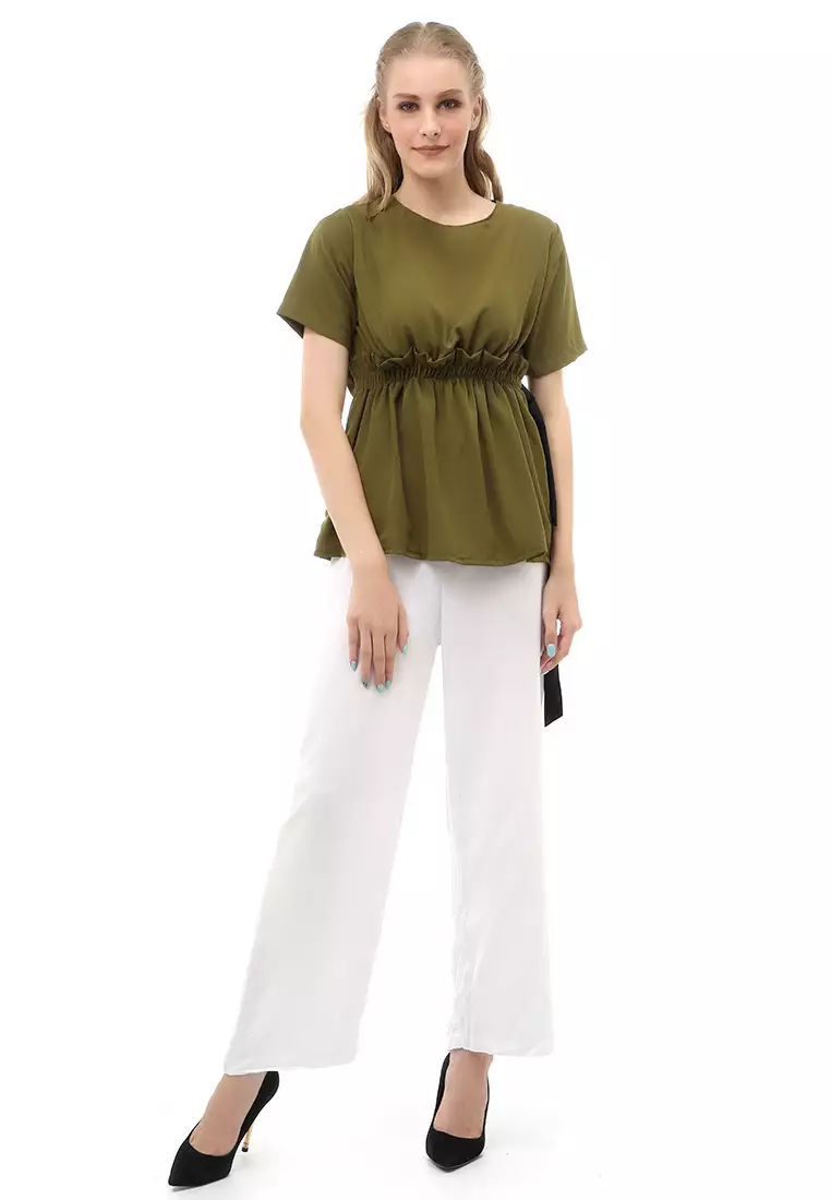 Cheva Blouse Atasan Wanita Kasual Pinggang Karet Pita Ikat Simple Material Wolfis ORIGINAL - Army Green