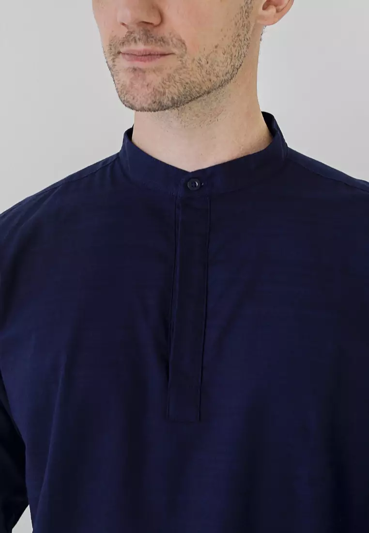 Cotton Well Oman Henley Shirt Navy │Kemeja Koko Basic Lengan Panjang Biru Tua