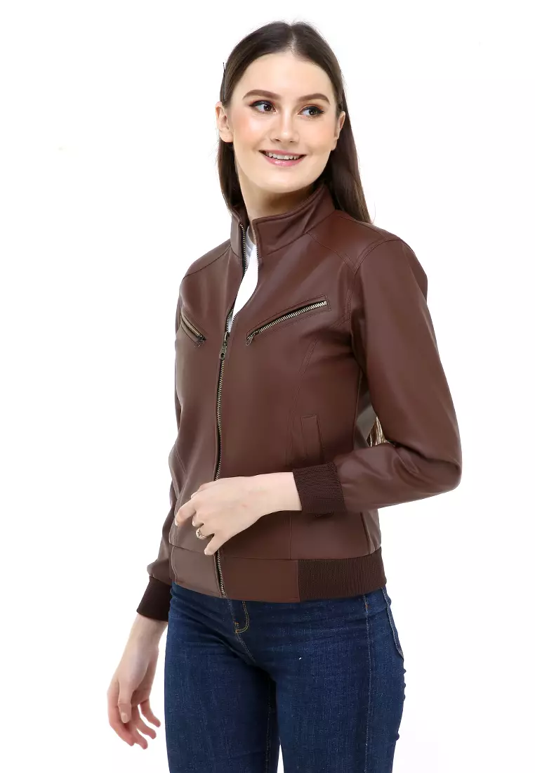 Hardwin Jaket Wanita Casual Longsleeve Jacket Outer Material Kulit Leather ORIGINAL - Brown