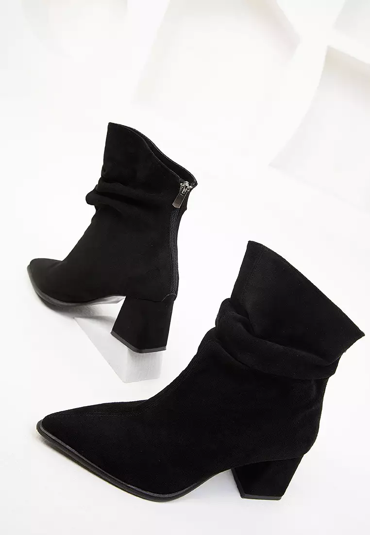 Ruched Pointed Toe Heeled Ankle Boots