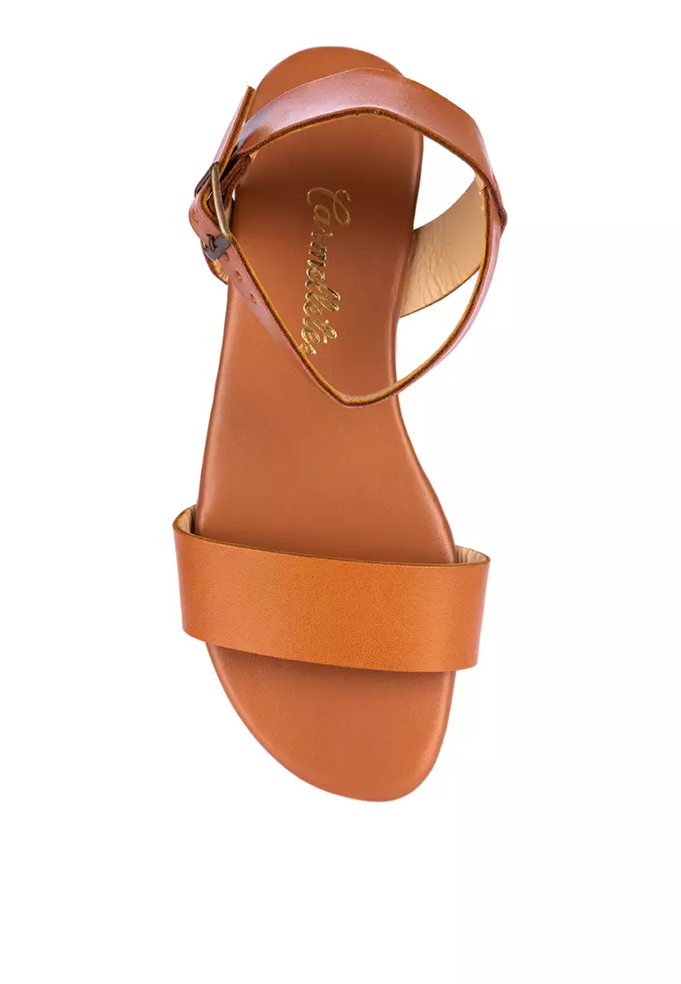 Tan ankle strap flat sandals top