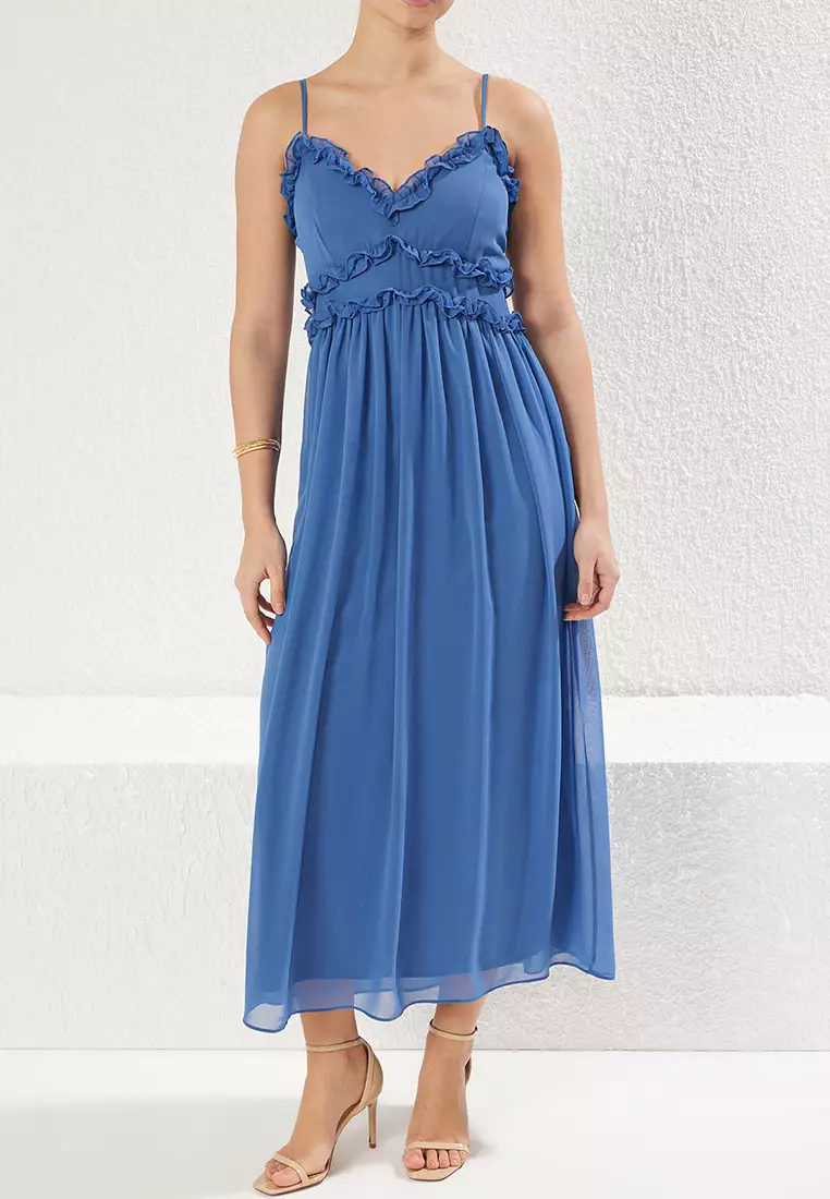 Blue A-Line Maxi Woven Dress