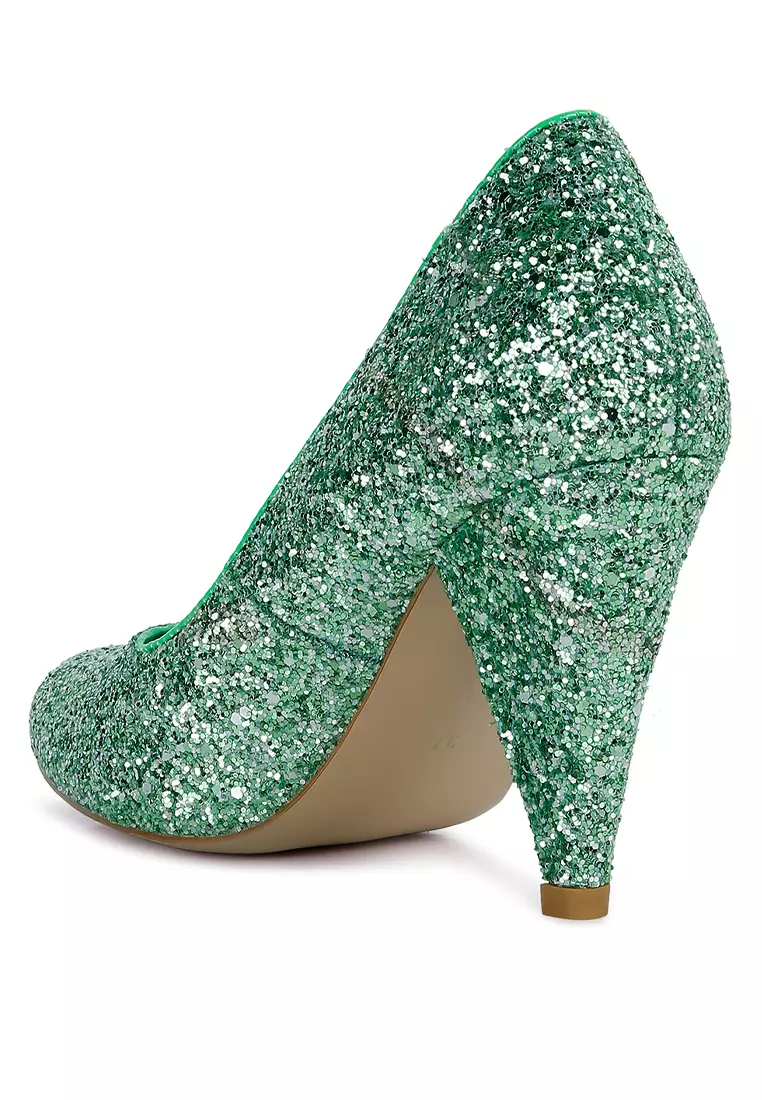 Green Glitter Conical Heel Pumps