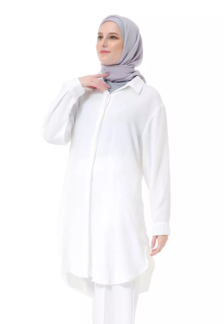 Azzahra Tunik Panjang Muslimah Wanita Long Sleeve Regular Fit Premium High Quality - White