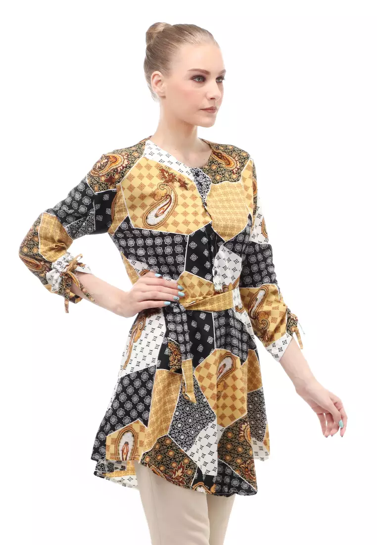 Tunik Lengan Serut Motif Batik Atasan Wanita Self Tie Belt Design Casual - Hitam