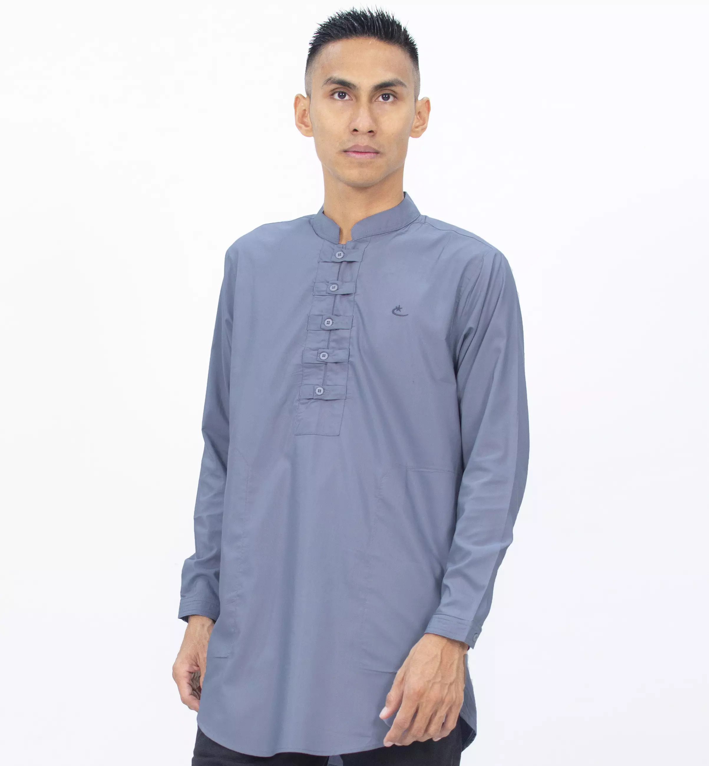 SHAMS Baju Lebaran Baju Koko Lengan Panjang Kemeja Koko Kemeja Kurta Pria - ABU MUDA