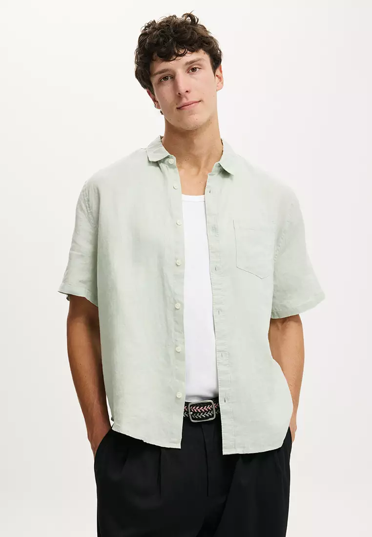 寬鬆亞麻短袖恤衫