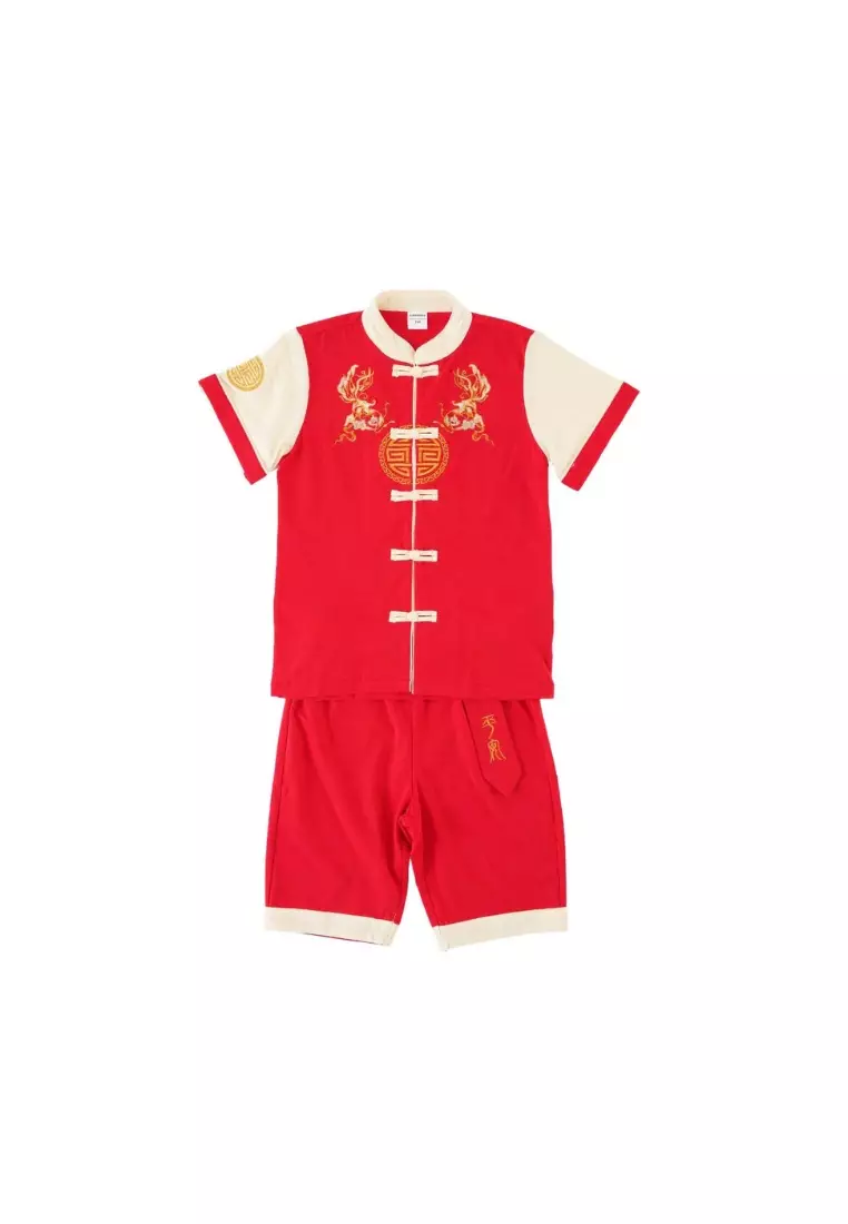 財富和諧紅色家庭裝金魚刺繡嬰兒男童唐裝漢服套装上衣與短褲春節中國拜年裝0835