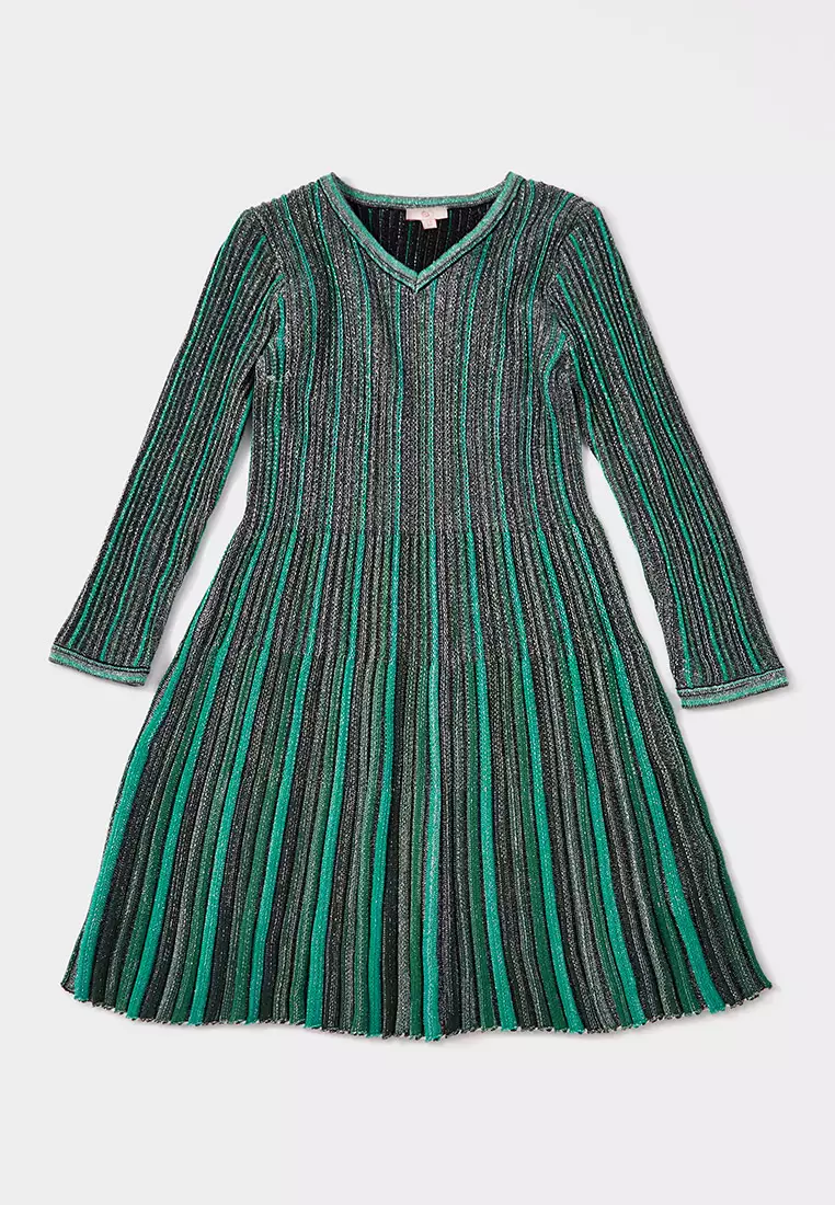 Amelia Dress - Green Sparkle Knit Knee-Length Dress
