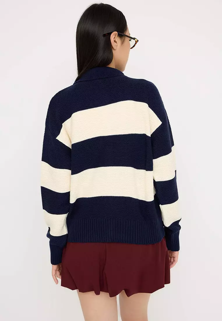 Teen Navy Blue Striped Polo Neck Knit Cardigan