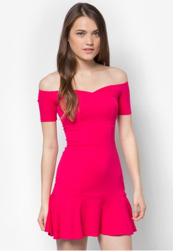 荷葉裙擺露肩洋裝zalora鞋子評價, 服飾, 洋裝