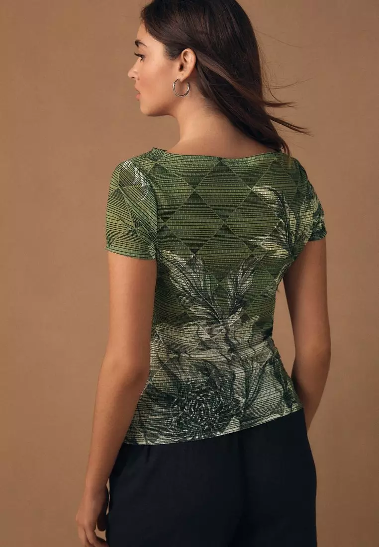 NEXT Green Floral Print Shirred Textured Drape Short Sleeve Slash