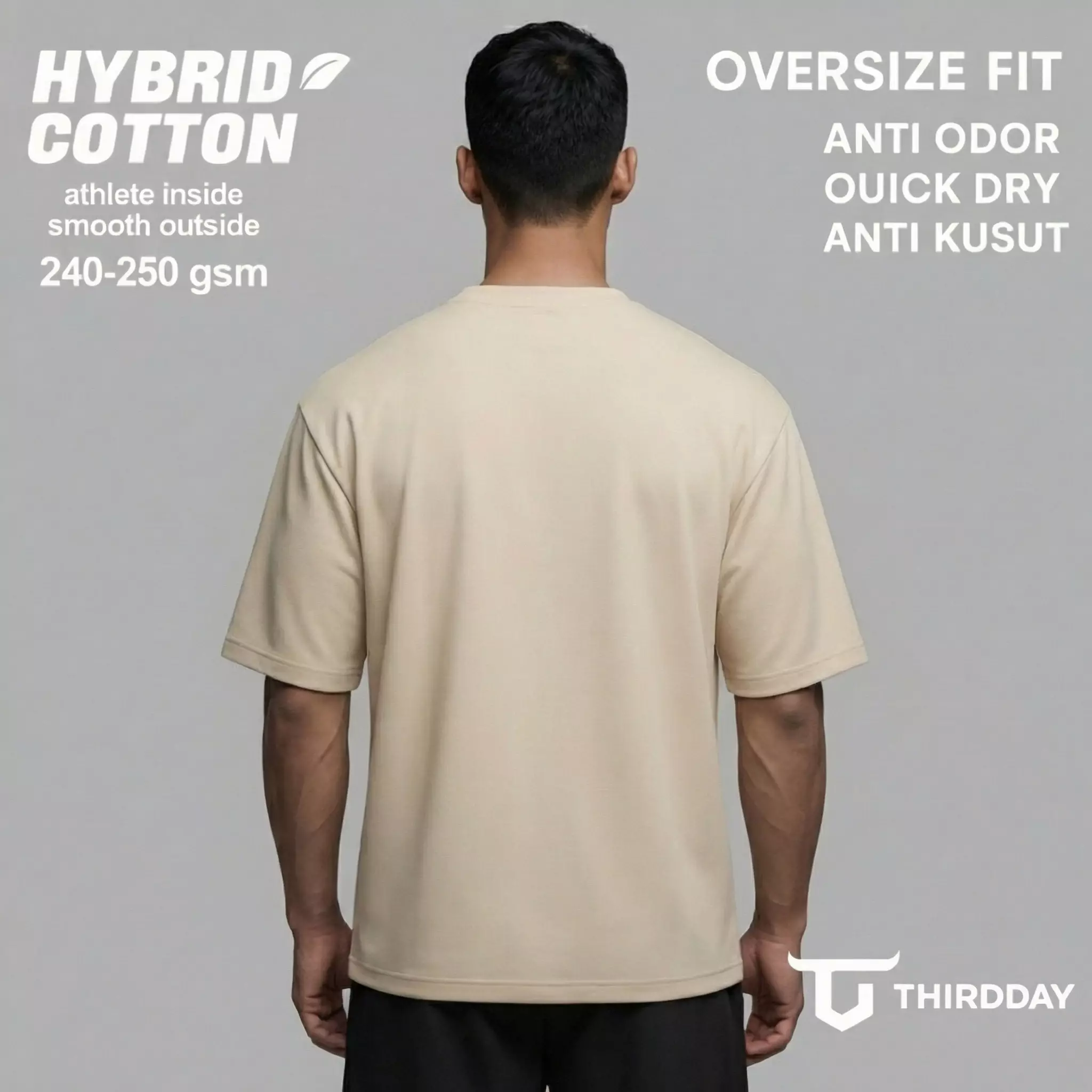 THIRDDAY Kaos Oversize Gym Hybrid Cotton Pria Premium | Kaos Gym & Casual Adem Anti Bau, 240 gsm Tebal, Clean Look Activewear Eksklusif | Hustle Krem MTZ76
