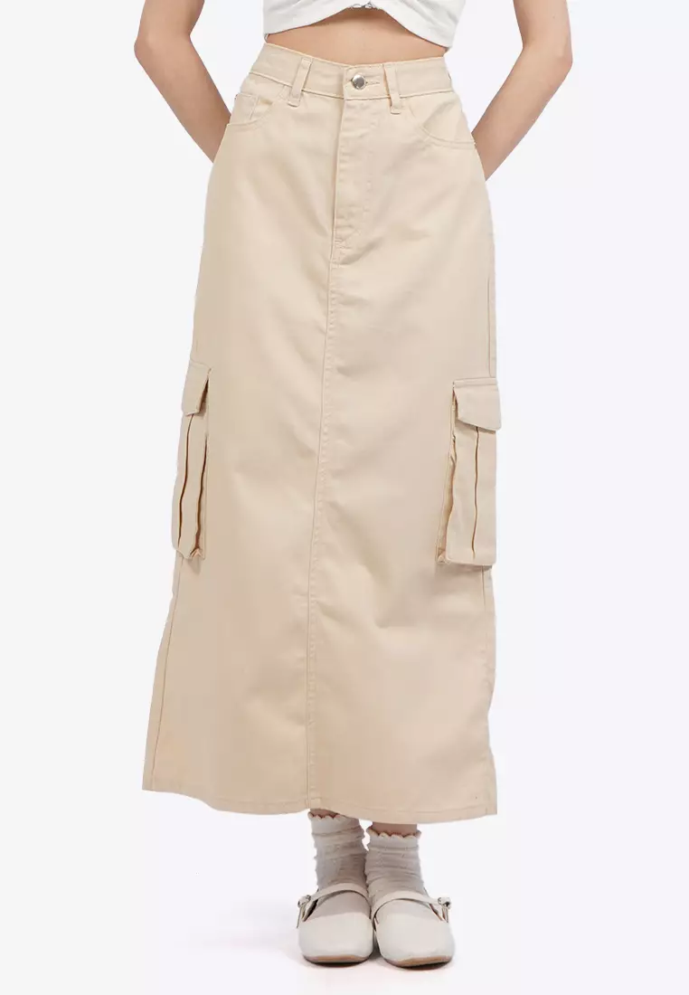 Denim Midi Skirt with Cargo Pocket