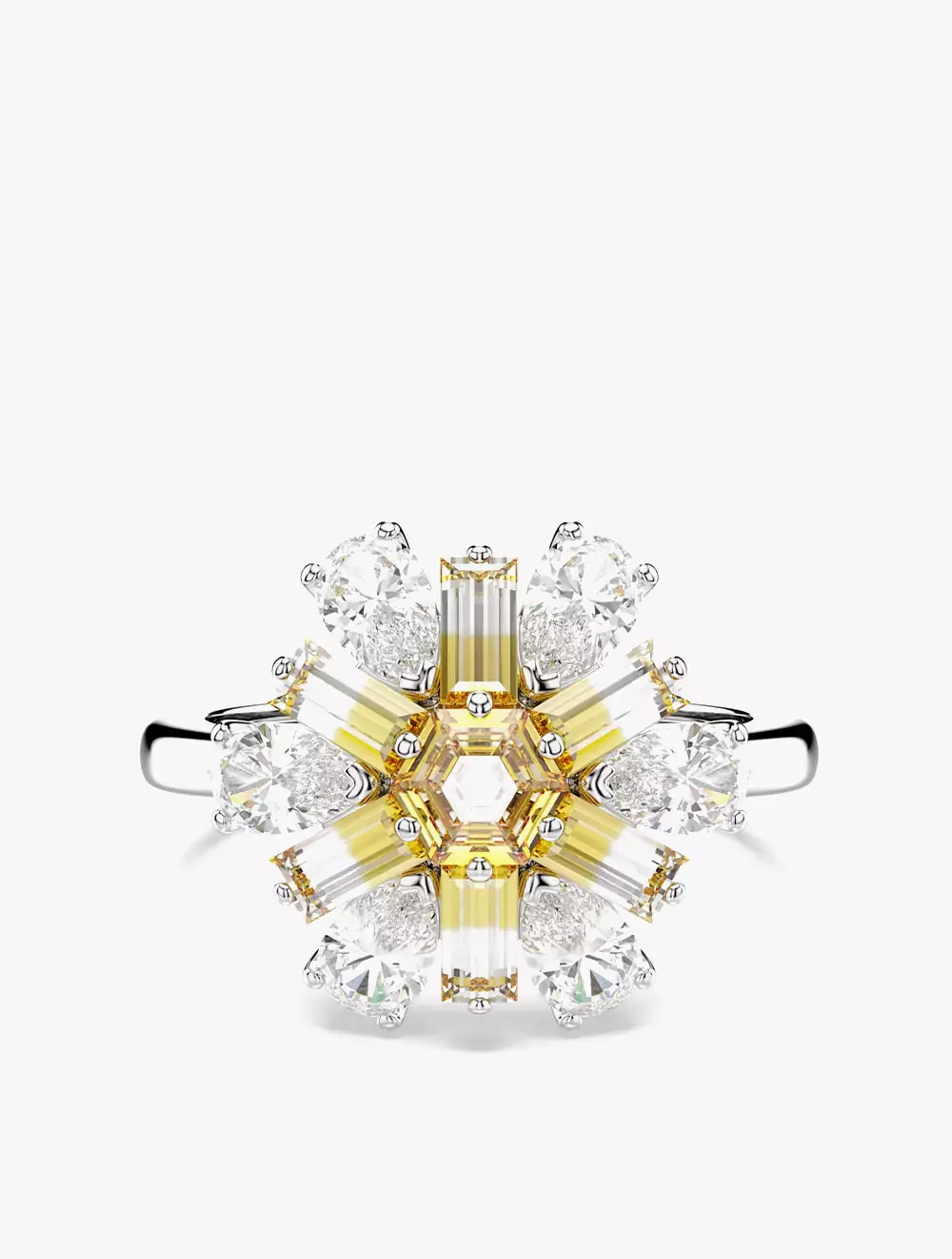 Idyllia Cocktail Ring, Mixed Cuts, Flower, Yellow, Rhodium Plated - 55-60 - Yellow
