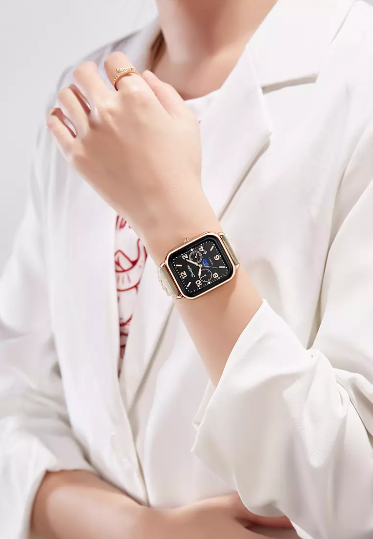 Jam Tangan Wanita Korean Kasual Mode Tali Kulit Kuarsa Jam Tangan Cewek Original whiteblack