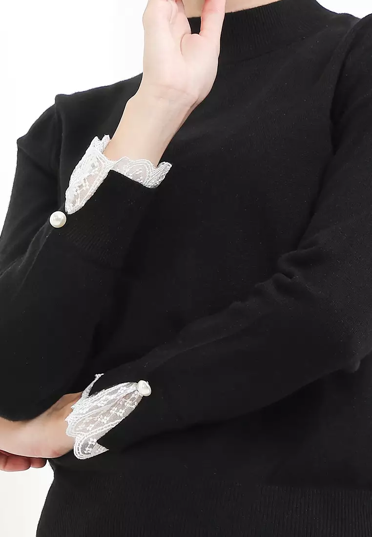 L/S Knit Blouse W/ Lace Trims On Sleeves