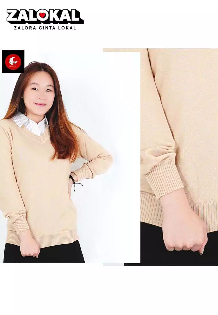 OKECHUKU Vanessa Sweater Rajut / Sweter Knit Wanita Tangan Panjang / Switer Leher V Basic Polos