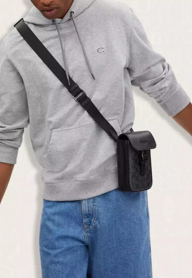 Coach Racer Phone Crossbody Bag In Signature Canvas Charcoal Black